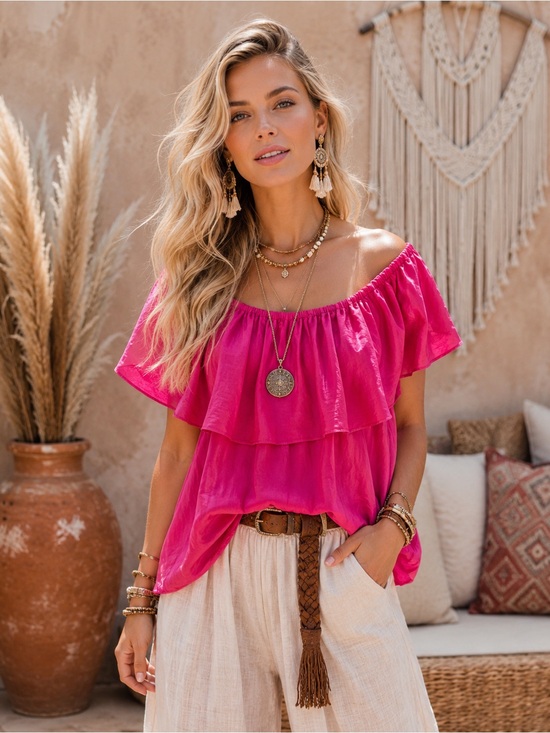 BOUTIQUE ITEM Tops - Flowy Boho Off-the-shoulder Fuchsia 100% Silk Blouse with Ruffle Detail